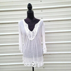 Simply Irresistible Sheer White3/4 Sleeves Embroidered Lace Women Crinkle Sz L